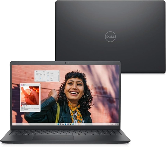 Imagem do notebook Dell Inspiron 15 aberto, mostrando a tela com uma mulher sorridente, ideal para trabalho ou lazer. Na parte superior, a tampa do notebook fechado.
