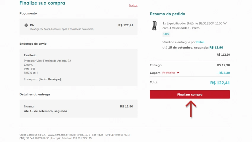 Imagem de um comprovante de compra de um liquidificador Britânia, modelo BLQ1280P com 1150W de potência, na cor preta, incluindo detalhes do preço de R$ 122,41.