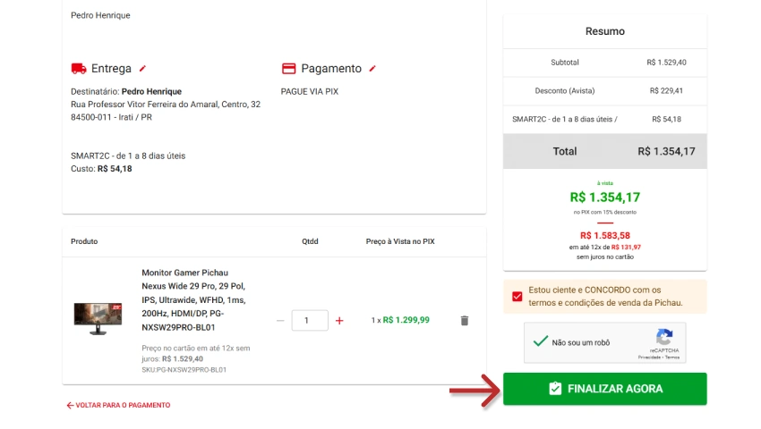 Imagem de uma tela de compra online de um monitor gamer Pikachu, destacando o botão finalizar agora para concluir a compra.
