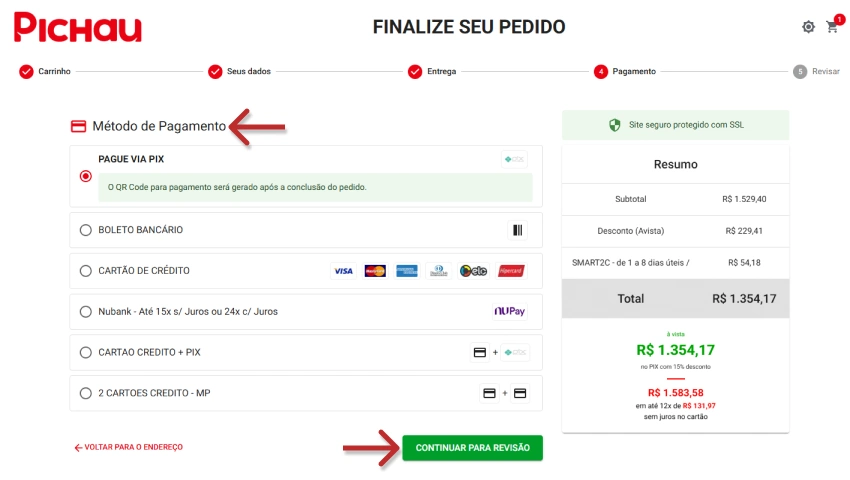 Tela de pagamento na loja Pichau, destacando métodos de pagamento como PIX, cartão de crédito e boleto bancário, com opção de continuar para revisão ao final do pedido.