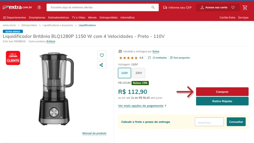 Liquidificador Britânia BLQ1280P de alta potência com 4 velocidades, design moderno em preto, ideal para preparar vitaminas e receitas na cozinha.