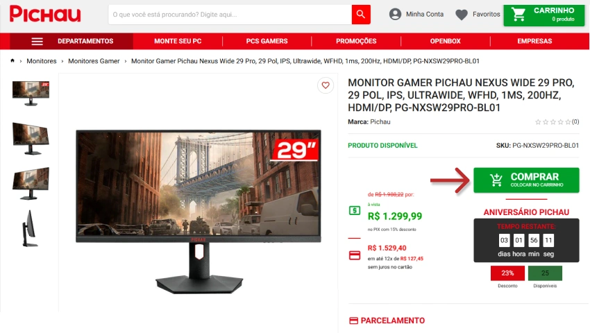 Monitor gamer Pichau Nexus Wide 29 Pro com tela de 29 polegadas, resolução IPS, Ultra Wide, WFHD, 1ms, 200Hz, HDMI, DisplayPort, ideal para jogos de alta performance.