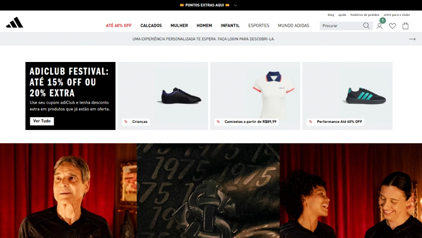 Página inicial do site da Adidas, mostrando um banner de promoção "ADICLUB FESTIVAL" e diversas categorias de produtos como calçados, roupas e esportes