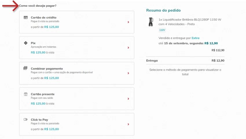 Imagem mostrando opções variadas de pagamento online, incluindo cartão de crédito, Pix, cartão presente e Pay, com detalhes de preços e condições.
