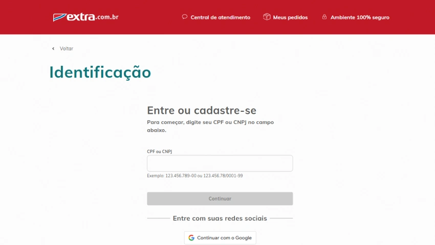 Página de login para cadastro de CPF ou CNPJ no site da Extra, com opções de login com redes sociais, destinada à identificação do usuário.