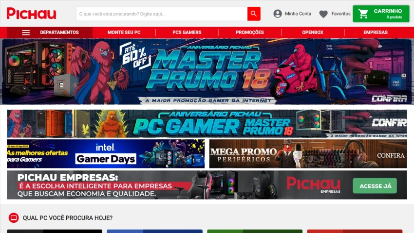 Página inicial da Pichau com banner promocional apresentando ofertas especiais para gamers com destaque para o Master Prumo 18 e PC Gamer, além de promoções de periféricos e componentes de alta performance.