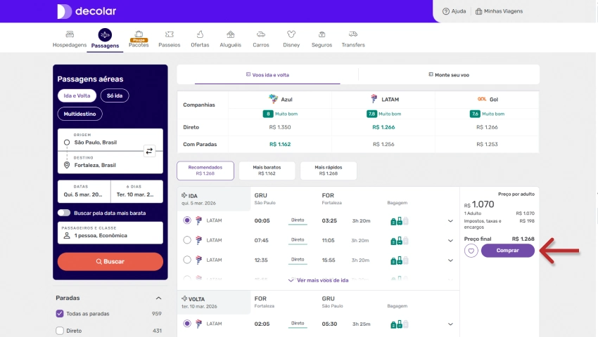 Compra de passagem aérea de Fortaleza para São Paulo no site da Decolar, com opções de voo, preço e botão de compra destacável.