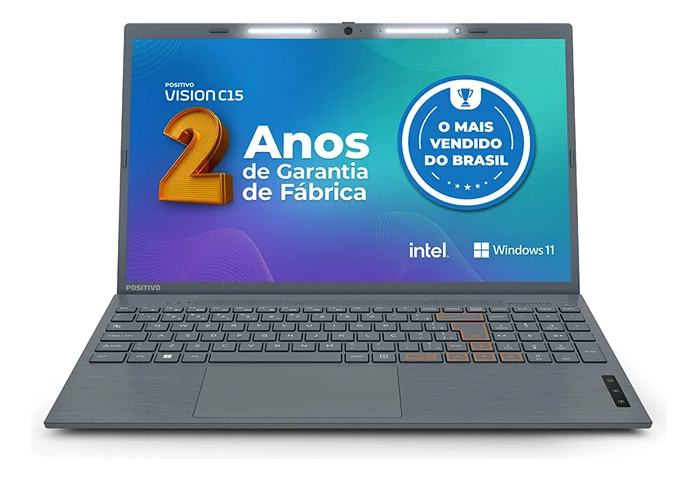Laptop Positivo Vision C15 com duas anos de garantia de fábrica, compatível com Windows 11 e processador Intel, ideal para estudos, trabalho e uso cotidiano.
