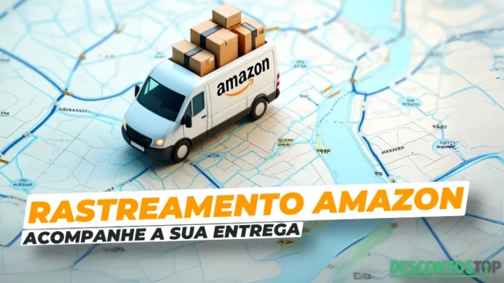 Imagem de um caminhão de entregas da Amazon sobre um mapa, simbolizando rastreamento de encomendas, com destaque para a frase Rastreamento Amazon e acompanhamento da entrega.