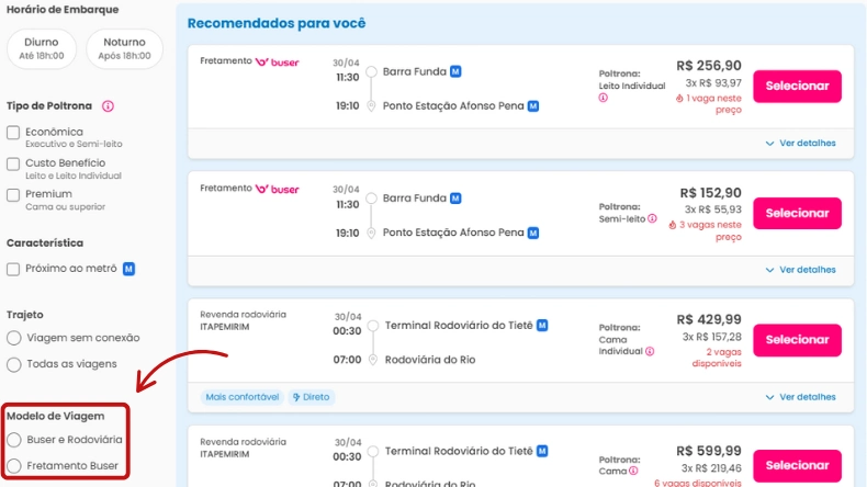 Seleção de opções para o modelo de viagem em uma plataforma de passagens, incluindo categorias como 'Buser e Rodoviária', 'Fretemanto Buser' e detalhes de horários e preços.
