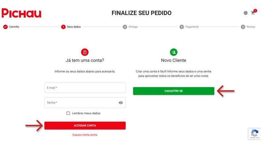 Tela de cadastro na plataforma Pichau para criar uma nova conta, com opções de formulário para dados, botões de cadastro e login, e instruções para novos usuários.