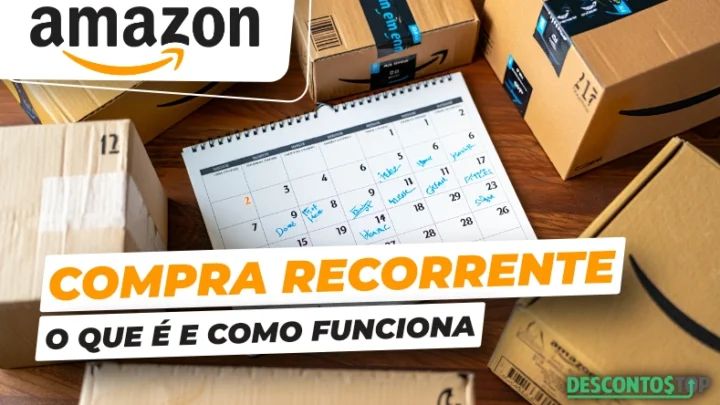 Imagem de várias caixas de encomendas da Amazon ao redor de um calendário marcado com datas de compras recorrentes, promovendo a facilidade de compra recorrente na Amazon.