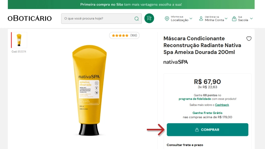 Imagem de uma máscara condicionante reconstrutora da marca nativeSPA em embalagem dourada de 200ml, destacando o botão de comprar.