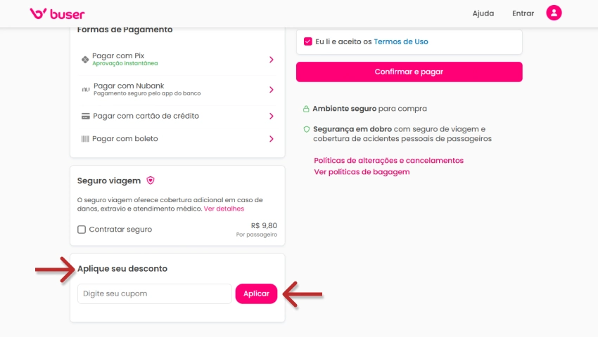 Instruções para usar o cupom de desconto Buser na plataforma online, destacando o campo para inserir o código e o botão de aplicar.