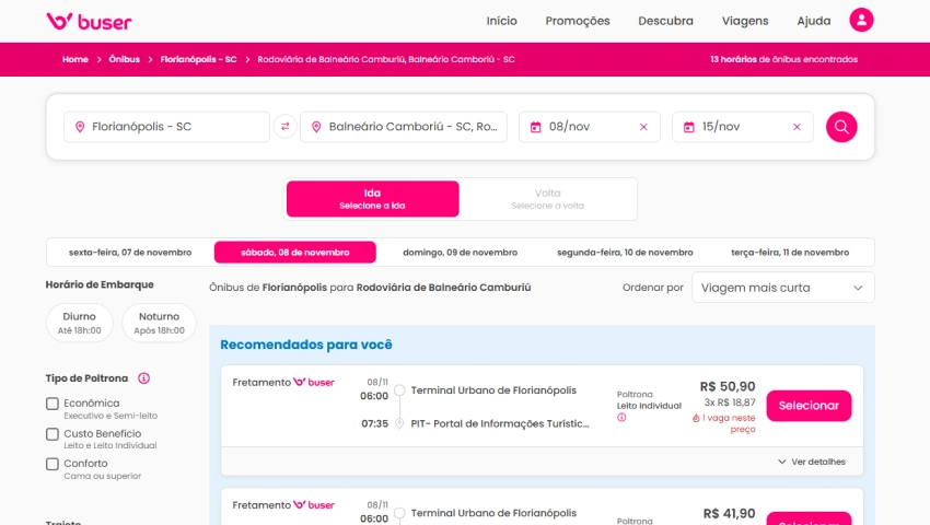 Sistema de busca de viagens de ônibus para Florianópolis a Balneário Camboriú no site Buser, mostrando horários, preços e opções de assentos.