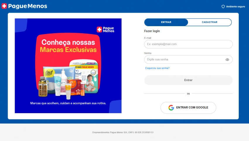 Página de login do Pague Menos, destacando marcas exclusivas de produtos de cuidados pessoais e medicamentos, com opção de login e cadastro.