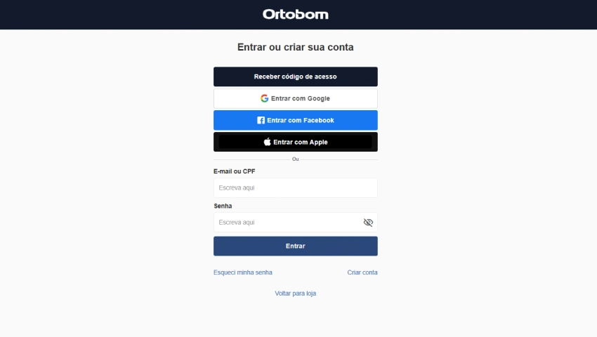 Tela de login da Ortobom com opções para entrar com Google, Facebook, Apple ou com e-mail e senha.