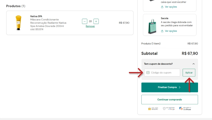 Imagem de uma tela de compra online no site do Boticário, onde é possível inserir um cupom de desconto na caixa específica e clicar em aplicar, mostrando a seção de produtos e o campo para código do cupom Boticário.