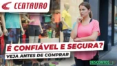 Mulher na loja de roupas pensando se a Centauro é confiável e segura, questionando sua confiabilidade antes de fazer a compra.