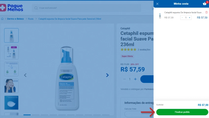 Imagem da cesta da Pague Menos com a espuma facial de limpeza da Cetaphil, de 236ml, disponível para compra online com preço promocional de R$57,59.