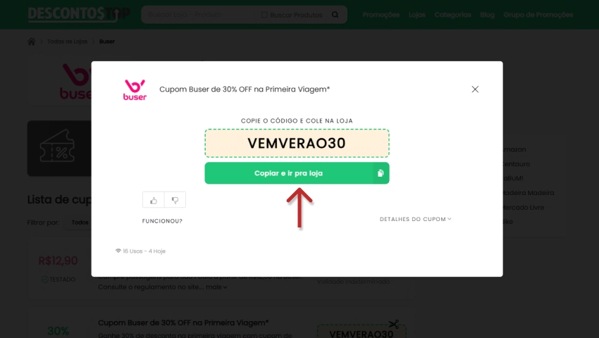 Imagem mostrando um código de cupom de desconto para a Buser, com texto destacando a oferta de 30% OFF na primeira viagem e instruções para copiar o código.