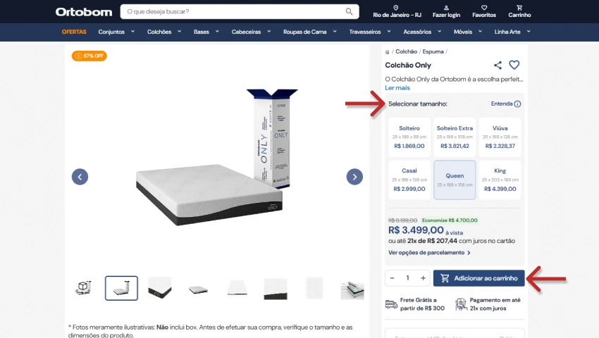 Página do site da Ortobom mostrando o colchão Only, com opções de tamanho e o botão “Adicionar ao carrinho” destacados por setas vermelhas.
