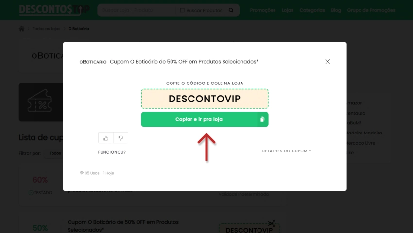 Imagem mostrando um cupom promocional de desconto de 50% no site de descontos, com o código para copiar e usar na loja.