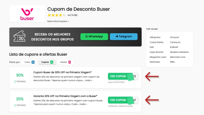 Imagem de uma promoção de cupons de desconto Buser, destacando opções de 30% e 20% de desconto na primeira viagem, com botões 'Ver Cupom' visíveis.
