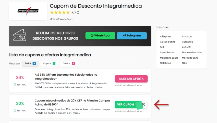 Página de cupons de desconto da Integralmedica no site Descontos Top, destacando ofertas de suplementos com descontos de até 36% e 20% de desconto na primeira compra.