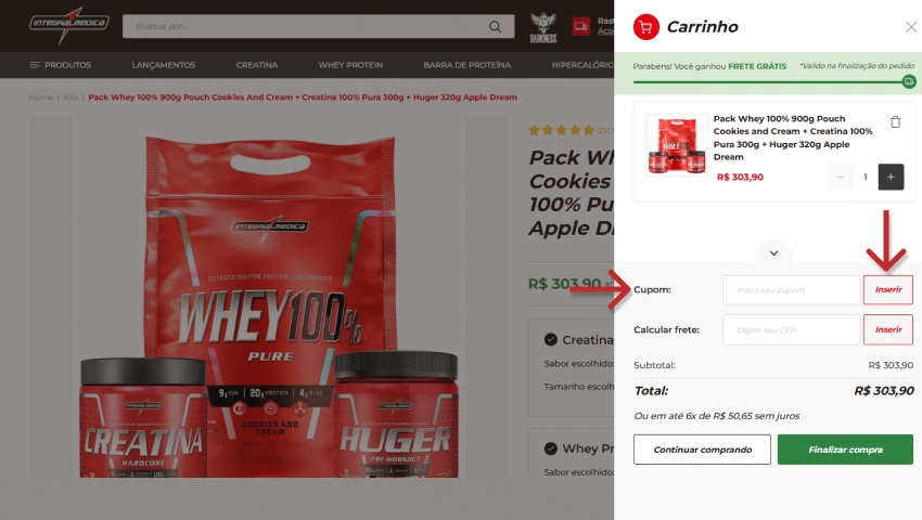 Imagem demonstrando onde inserir o cupom Integralmedica na compra de produtos de suplementos nutricionais.