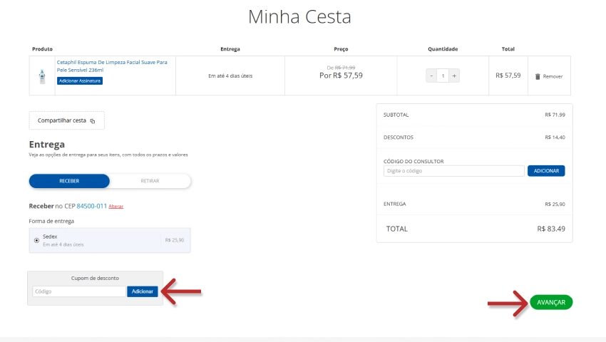 Tela do carrinho de compras da Drogarias Pague Menos mostrando o campo para inserir cupom de desconto Pague Menos, subtotal, valor do frete e botão verde “Avançar” para finalizar a compra.