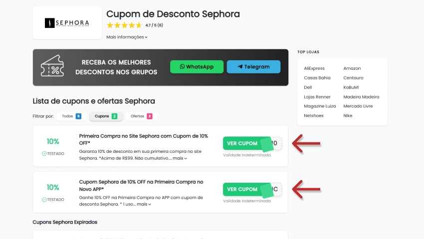 Imagem da página de cupons da Sephora no site Descontos Top, destacando ofertas de desconto de 10% na primeira compra com cupom, com botões para ver cupons e descontos.