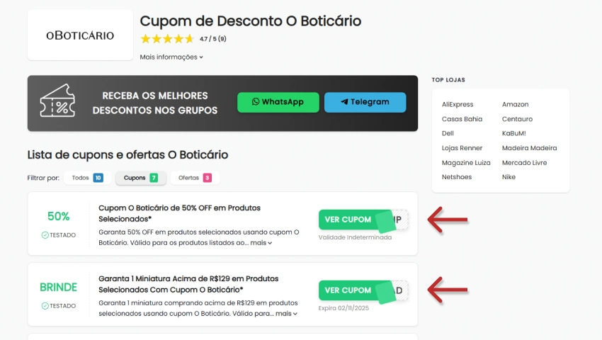 Imagem exibindo cupons de desconto do O Boticário no site Descontos Top com opções de cupom de 50% OFF e miniatura de produtos de beleza.