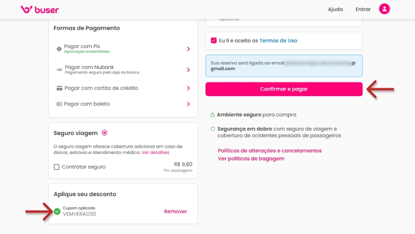 Imagem mostrando o cupom de desconto Buser aplicado, para economizar na compra de passagens de ônibus.
