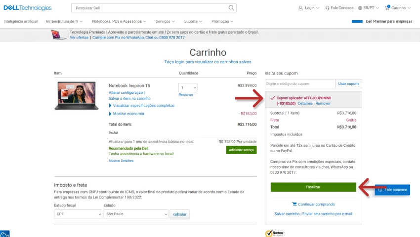 Tela de compra no site Dell mostrando a aplicação do cupom de desconto com sucesso e o botão para finalizar a compra, destacando o código do cupom para ofertas especiais.