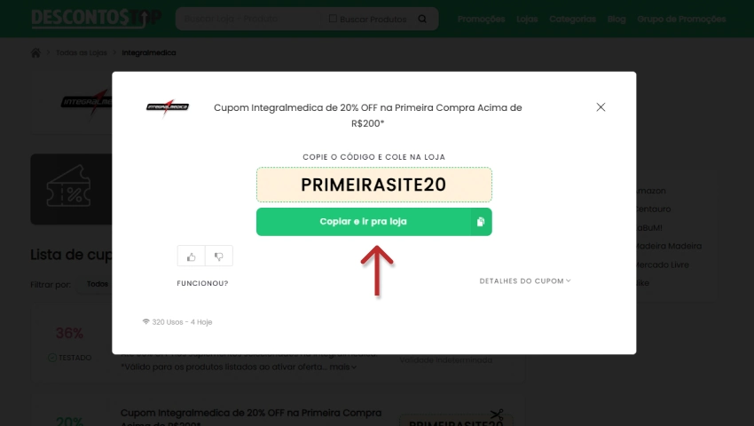 Imagem de um cupom de desconto Integralmedica de 20% na primeira compra, apresentando o cupom em destaque.