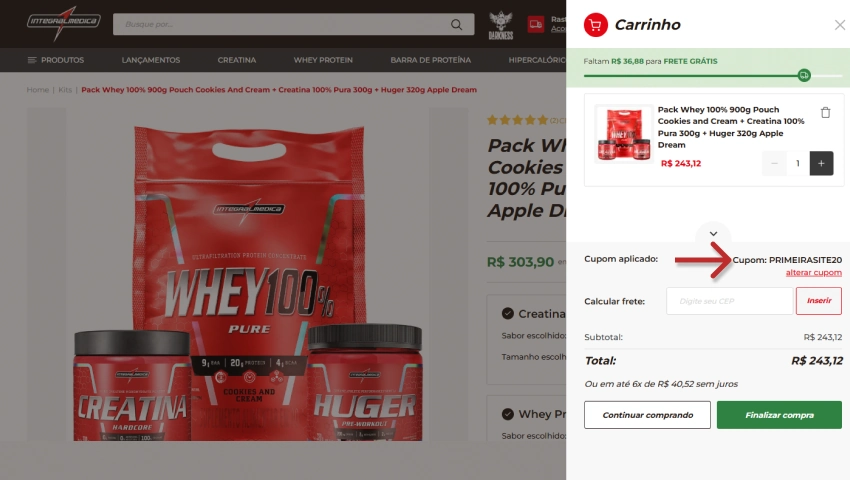 Imagem mostrando produtos de suplemento com cupom de desconto Integralmedica aplicado na compra, destacando o código.