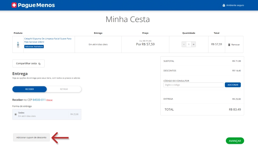 Carrinho de compras online da Pague Menos com opção destacada para adicionar cupom Pague Menos, resumo do pedido, frete e botão verde “Avançar” para prosseguir com a compra.