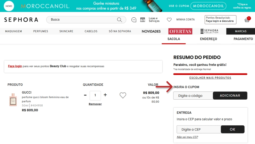 Imagem ilustrativa mostrando onde inserir o cupom de desconto na compra de produtos Sephora.