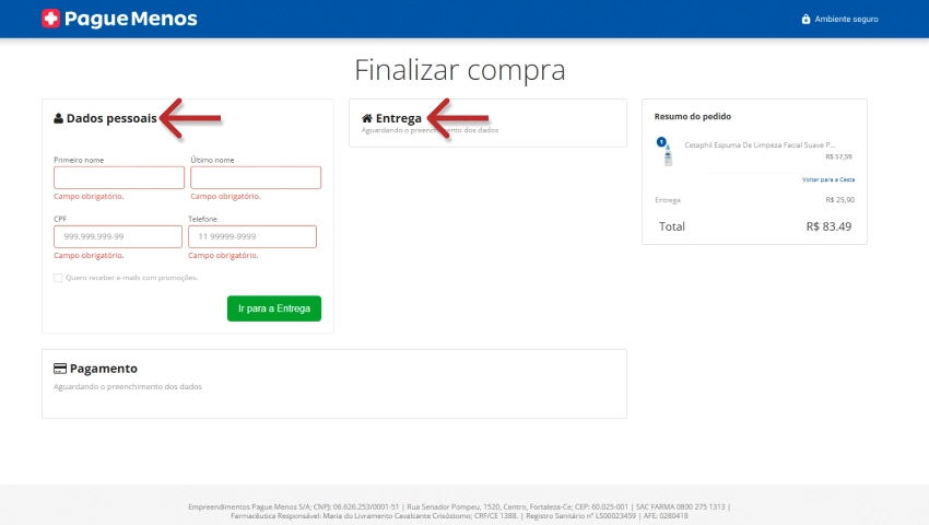 Página de finalização de compra no site Pague Menos, exibindo passos de preenchimento de dados pessoais e entrega, com foco na palavra-chave 'finalizar compra'.