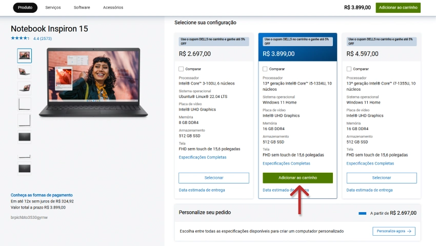 Notebook Inspiron 15 disponível para compra na loja Dell, com configuração personalizada em promoção e opções de desconto, ideal para trabalho ou estudo.