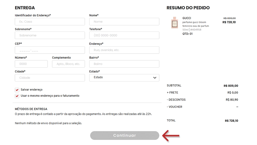 Endereço de entrega da Sephora para completar compras de maquiagem e cosméticos, garantindo entrega rápida e segura com continuidade na compra.