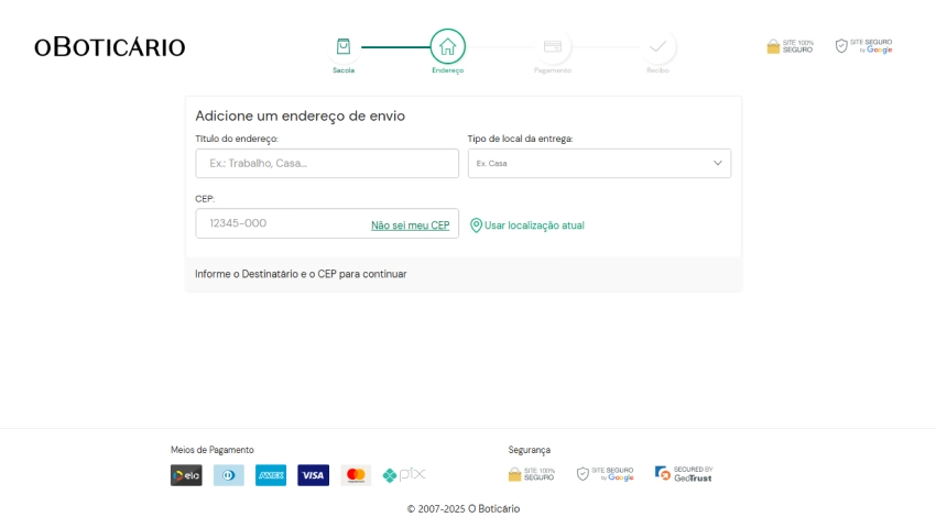 Imagem do site de entregas do O Boticário, mostrando formulário para adicionar endereço completo para recebimento de produtos, com opções de previsão e pagamento.