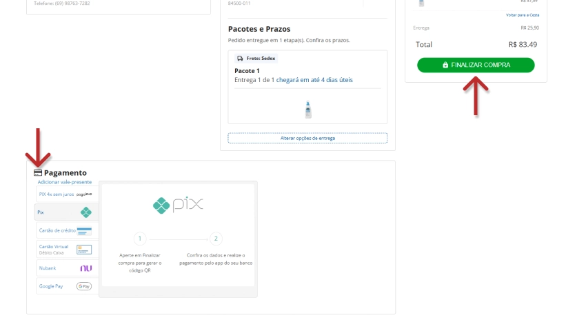 Tela de pagamento onde o usuário finaliza a compra clicando no botão verde 'Finalizar Compra' na loja online, com detalhes de pacotes, prazos e valor total.