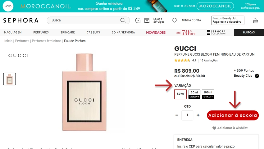 Imagem de um perfume Gucci Bloom Feminino Eau de Parfum disponível na Sephora, destaque para opções de variação de tamanho de 50ml, 30ml e 100ml.