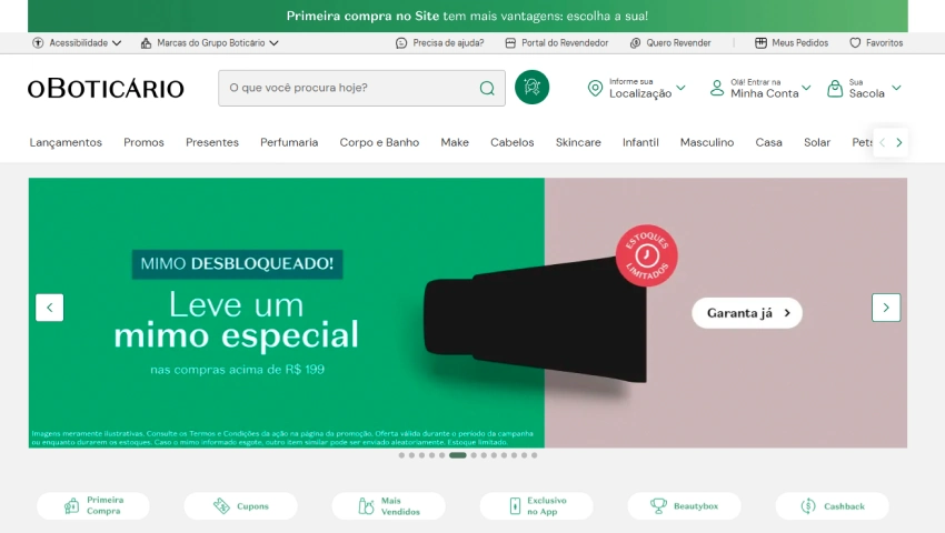 Imagem promocional do site do Boticário mostrando diferentes produtos para cuidados de beleza, com destaque para uma oferta de mimo especial para compras acima de R$ 150.