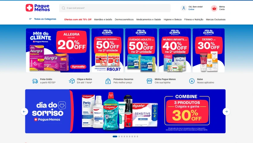 Promoções de descontos em produtos de higiene e bem-estar no site Pague Menos, destacando ofertas de até 50% off em fraldas, medicamentos e cuidados pessoais, além de promoção de 3 produtos ao comprar 2 com 30% de desconto.