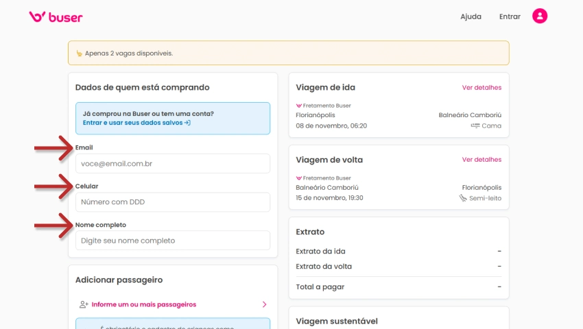 Tela de cadastro no site da Buser mostrando campos para inserir email, telefone e nome completo, com opções de viagens e extratos.