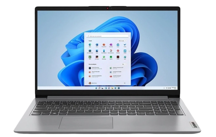 Imagem do Lenovo IdeaPad 1, um notebook compacto e de fácil transporte, com tela de alta definição, teclado ergonômico e design moderno, ideal para estudos e trabalho remoto.