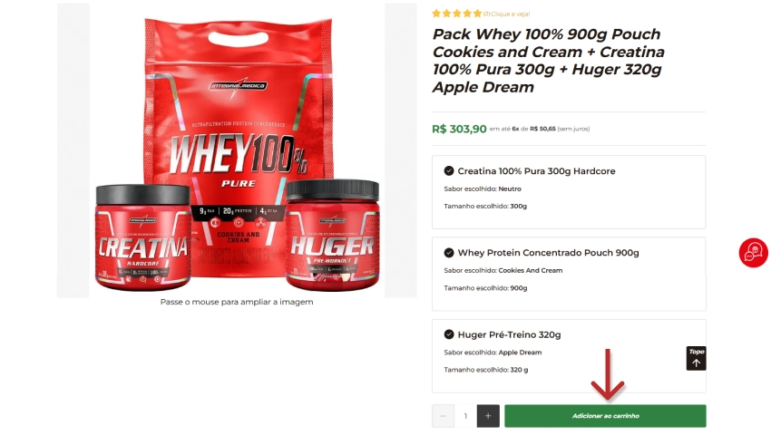 Imagem de suplemento de proteína whey 100% Pure com creatina e gigante, na cor vermelha, em embalagens de diferentes tamanhos. Destaque para o botão de adicionar ao carrinho.